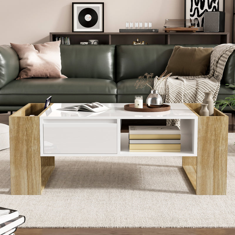 Moderner Couchtisch 105 x 60 x 40 cm - teilweise hochglanz, mit Schubladen und offenen Fächern