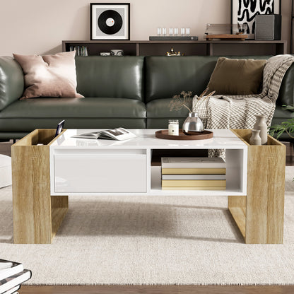 Moderner Couchtisch 105 x 60 x 40 cm - teilweise hochglanz, mit Schubladen und offenen Fächern