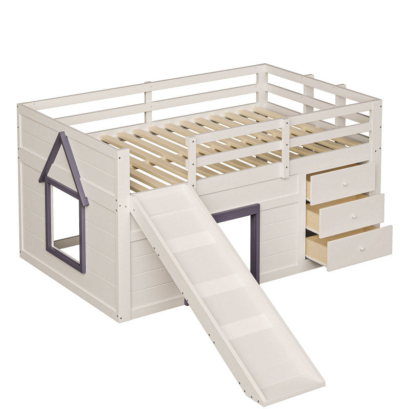 140 x 200 niedriges Hochbett mit Rutsche, drei Schubladen und zwei Türen, Creme