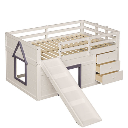 140 x 200 niedriges Hochbett mit Rutsche, drei Schubladen und zwei Türen, Creme