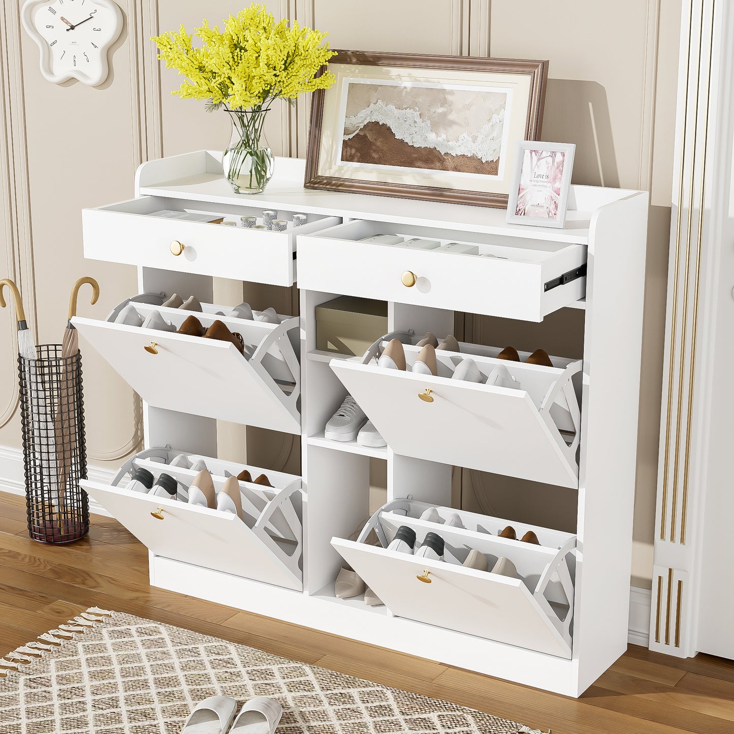 Edler weißer Schuhschrank mit 4 Klapptüren, 2 Schubladen, 3 offenen Fächern - perfekt für moderne Flure und Eingangsbereiche