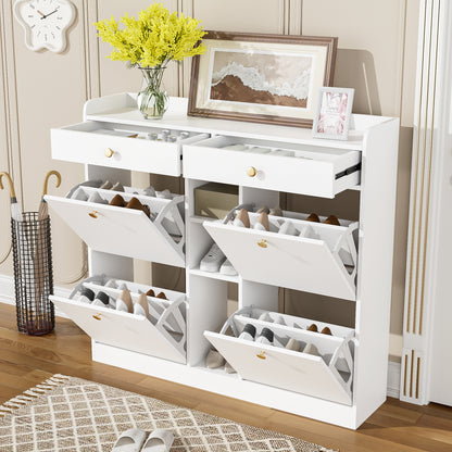 Edler weißer Schuhschrank mit 4 Klapptüren, 2 Schubladen, 3 offenen Fächern - perfekt für moderne Flure und Eingangsbereiche