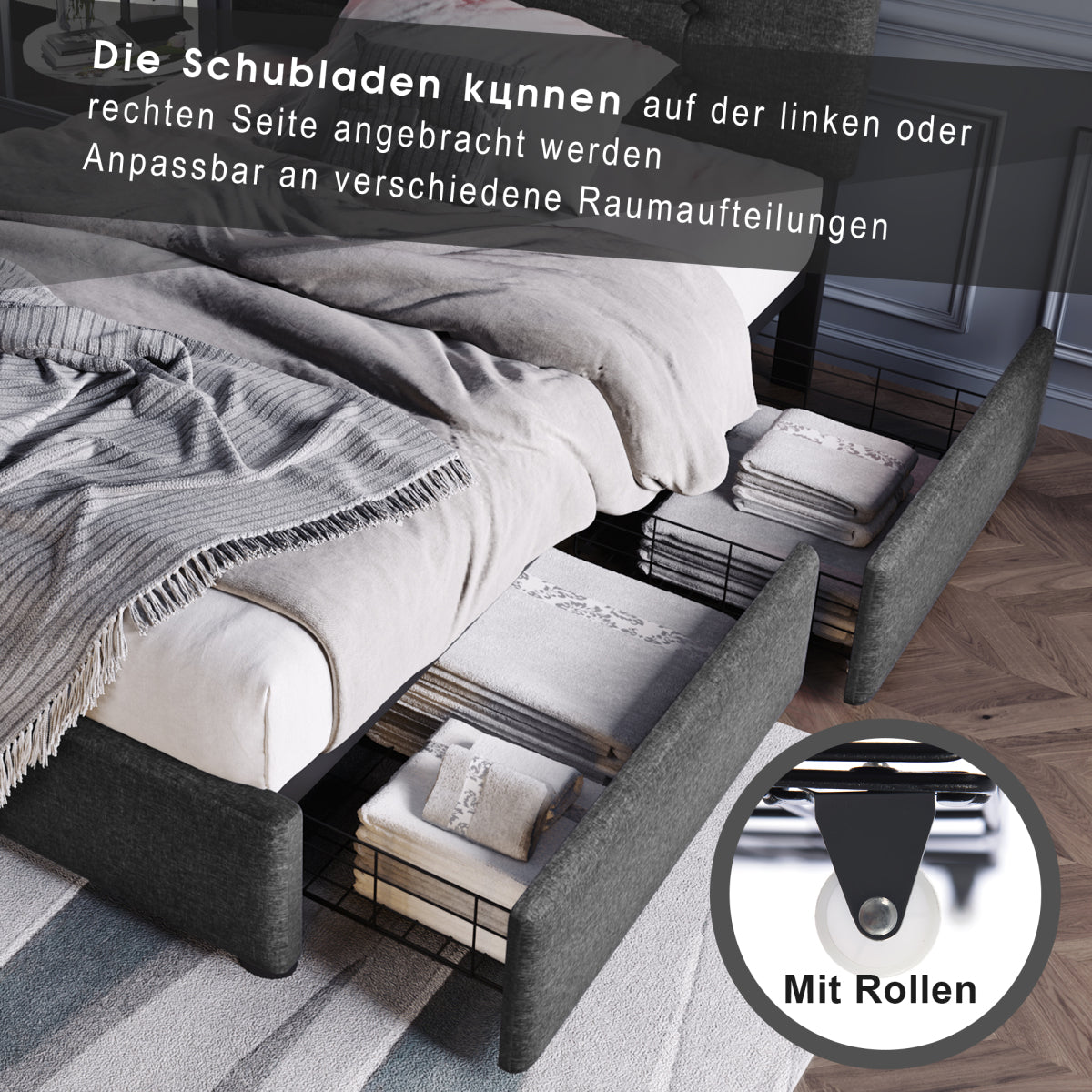 Polsterbett 90x200cm mit LED & 2 Schubladen - Einzelbett Grau, Verstellbares Kopfteil & Lattenrost - Modernes Bettgestell (Ohne Matratze)