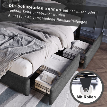 Polsterbett 90x200cm mit LED & 2 Schubladen - Einzelbett Grau, Verstellbares Kopfteil & Lattenrost - Modernes Bettgestell (Ohne Matratze)