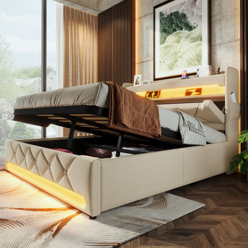 Polsterbett Doppelbett 160*200, Stauraum Kopfteil mit USB und Typ C-Port ,360-Surround-LED-Funktion rund um Kopf- und Fußende des, Betten mit Hydraulisch Stauraum, Beige , Leinen(Ohne Matratze)