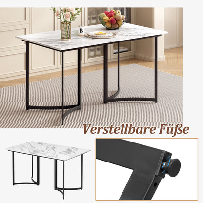 Moderner Esstisch weiß mit Marmoroptik und gebogenen Tischbeinen, verstellbare Füße für Esszimmer und Küche