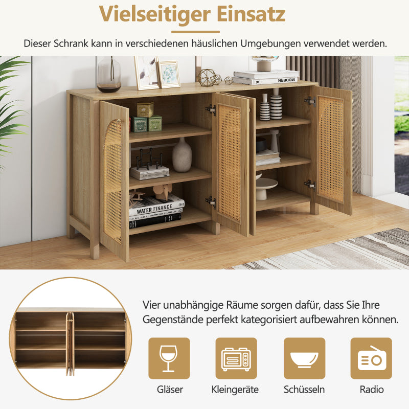 Modernes Sideboard im minimalistischen Stil 4-Rattantür, Metallgriff einfaches Buffetschrank für Esszimmer, Wohnzimmer, Küche (Naturholz)
