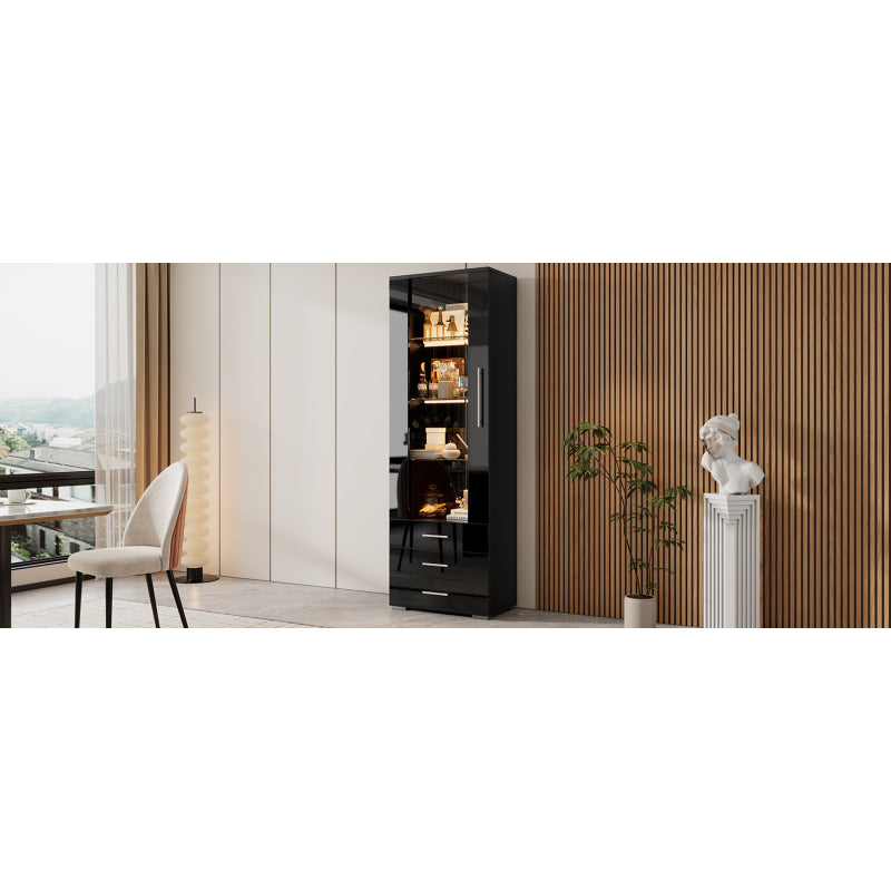 Schwarz Hochglanz Vitrine, Vitrine Glasvitrine , Standvitrine mit LED-Beleuchtung, Vertikale Vitrine mit 3 Schubladen, 60*35*180cm