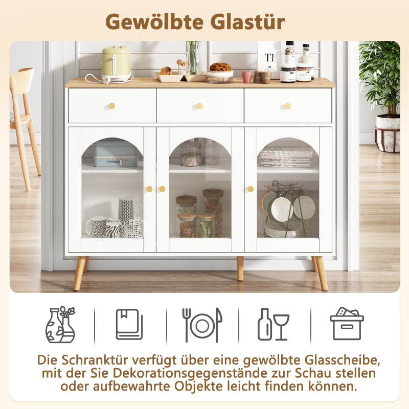 Sideboard mit 3 Schubladen und 3 gebogenen Türen mit breitem Schrank aus gehärtetem Glas für Buffettische in Küchen und Esszimmern, weiß und natur