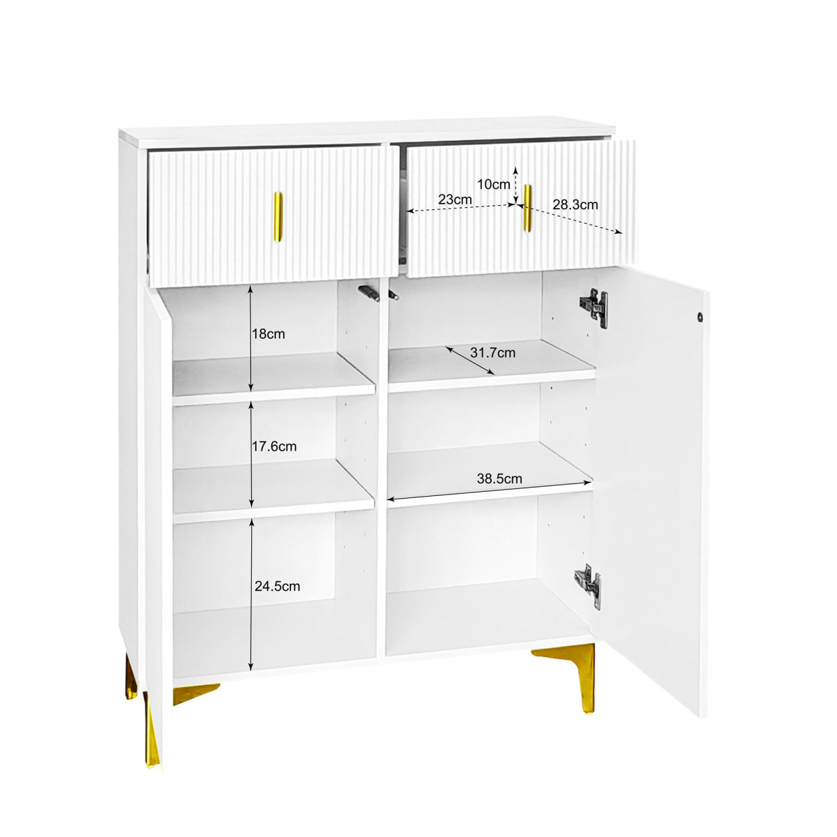 Garderoben-Set mit Schuhschrank & Sitzbank, Wellenfront, Push-to-Open, goldene Details, Weiß