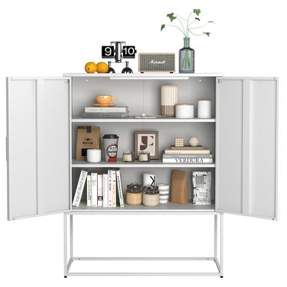 Metall-Sideboard,Lagerschrank– 2 Regale, Freistehender Stahlschrank, Magnettüren, Anti-Kipp-Sicherung, Wohnzimmer, Küche, Büro, Weiß, H 109 cm × B 85 cm × T 40 cm