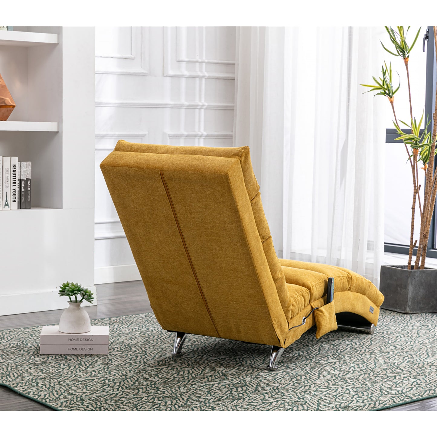 Entspannungsliege Polstersessel Liegesofa mit Vibrationsfunktion Ganzkörper Unterstützung Seitentaschen modernes Design Wohnzimmer Senfgelb