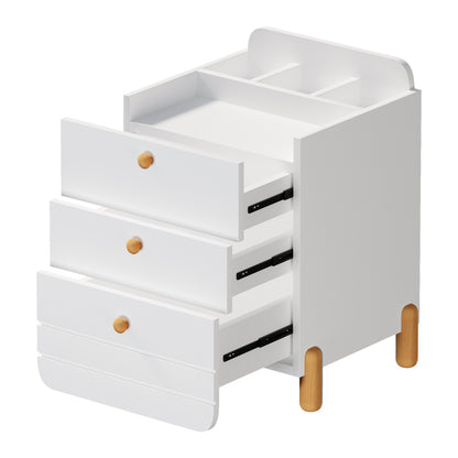 Nachttisch mit 3 Schubladen mit Einlegeböden, Geräuschloses Schubladendesign, Exquisite Holzfarbene Füße, Stauraum im Wohn- und Schlafzimmer, Einzigartige Form und Minimalistisches Design, Weiß