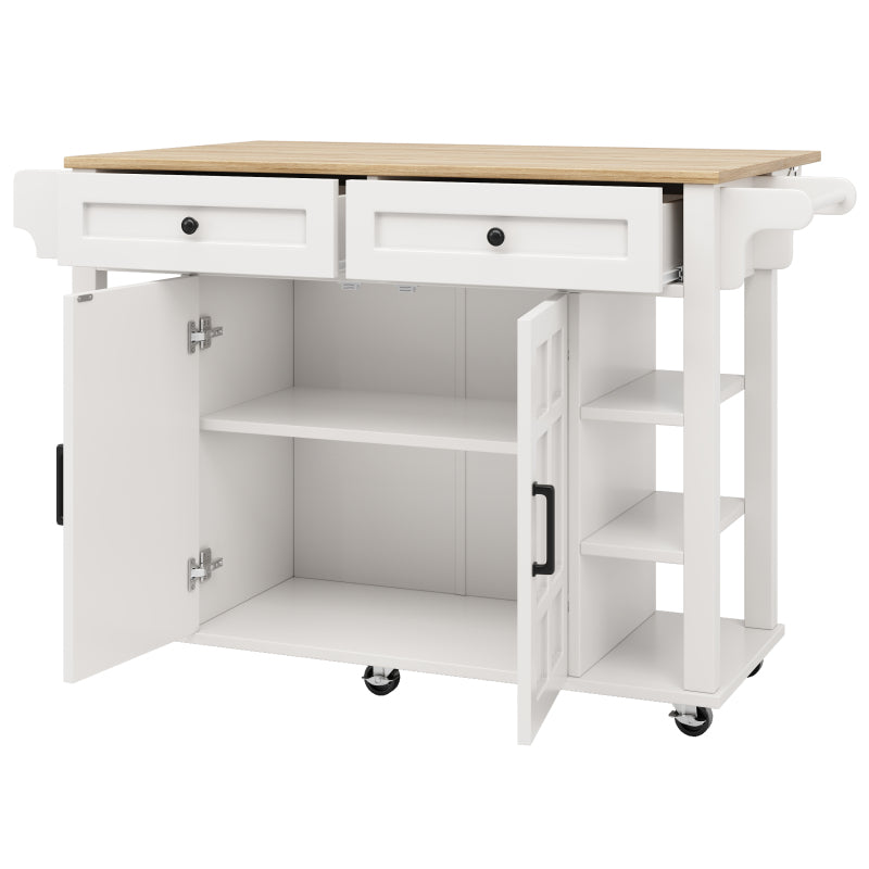 Kücheninsel mit herausnehmbaren Trennwänden, Speisewagen mit Arbeitsplatte, Buffetschrank, Speisewagen mit Holzmaserung, Handtuchhalter beidseitig mit Rollen, weiß
