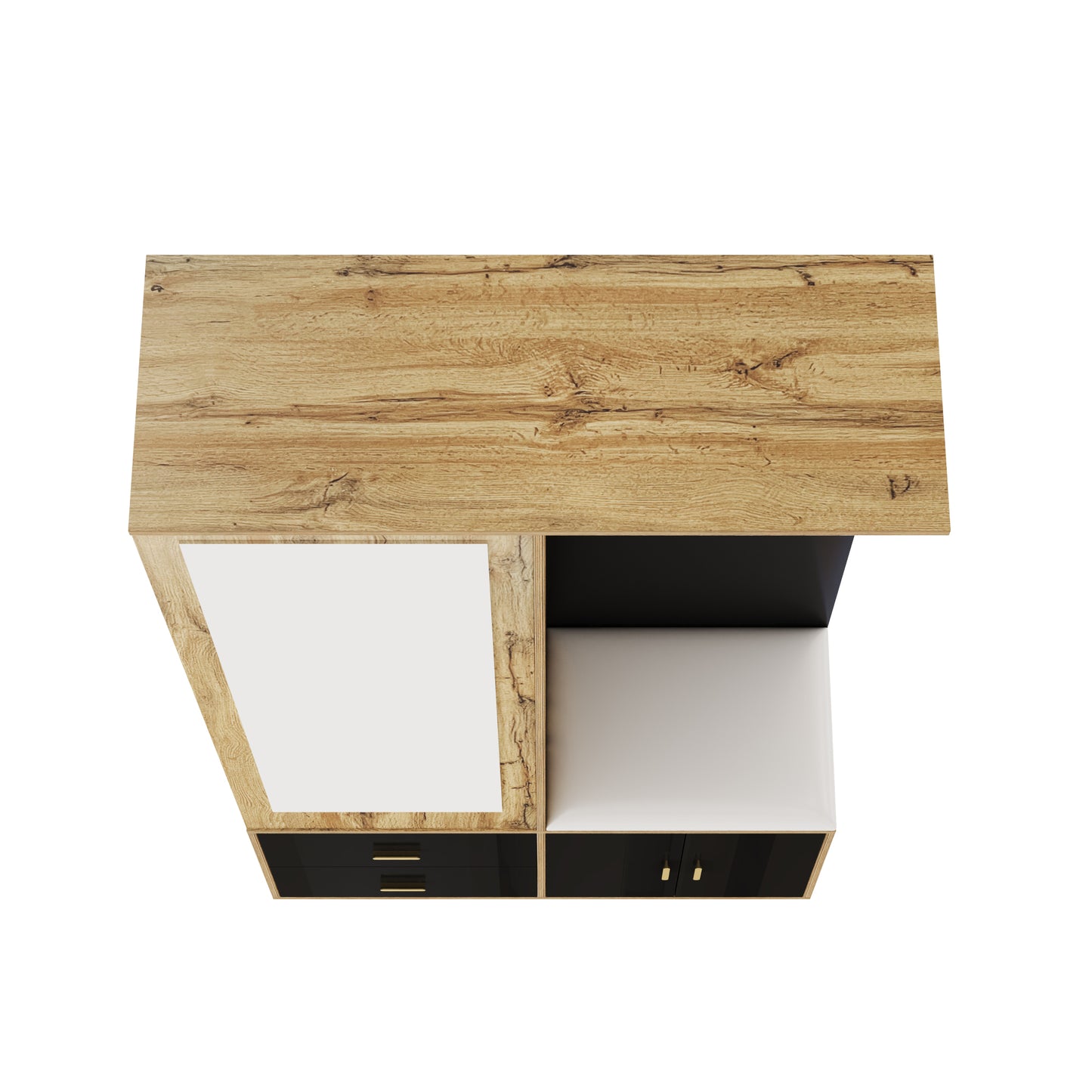 Elegantes Kleiderschrank Set in Schwarz und Holzfarbe mit Spiegel, Schuhschrank, Schuhbank mit Haken und ausziehbaren Kleiderbügeln.