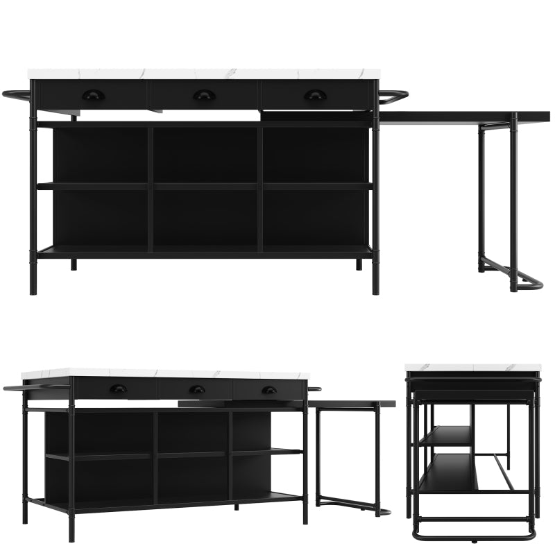 Kücheninseln, Ausziehbare Kunstmarmorplatte Industrial mit 3-Schubladen, Multifunktionales Küchen- und Esszimmer-Möbel, Kücheninsel Küchenregal Küchewagen Sideboard, MDF Arbeitsplatte Küche Regal