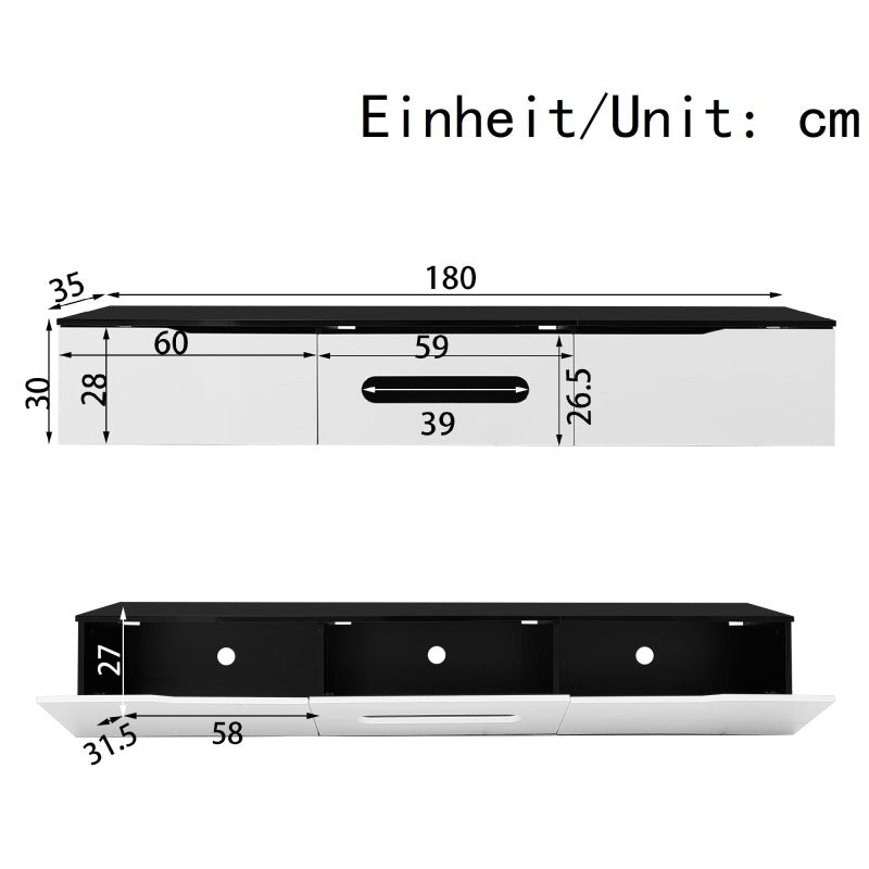 Schwarz-weißer TV-Schrank, 180 cm lang, Hochglanzoberfläche, mit 16-farbiger LED-Beleuchtung, wandmontierbar