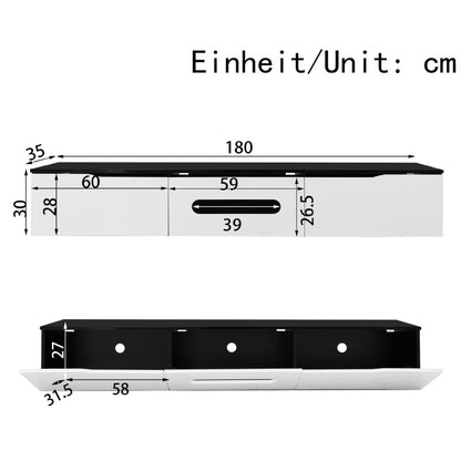 Schwarz-weißer TV-Schrank, 180 cm lang, Hochglanzoberfläche, mit 16-farbiger LED-Beleuchtung, wandmontierbar
