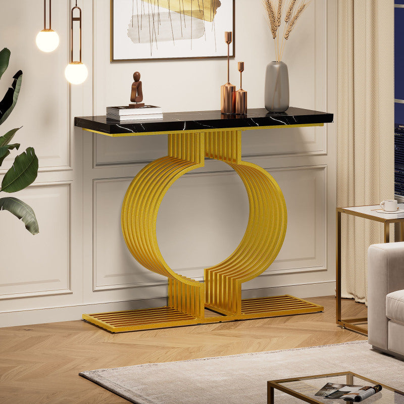 100*35*80cm moderner, schlichter schwarzer Hochglanz-Couchtisch, kleiner Beistelltisch fürs Wohnzimmer, Konsolentisch, goldener Sockel kann auf zwei Arten installiert werden