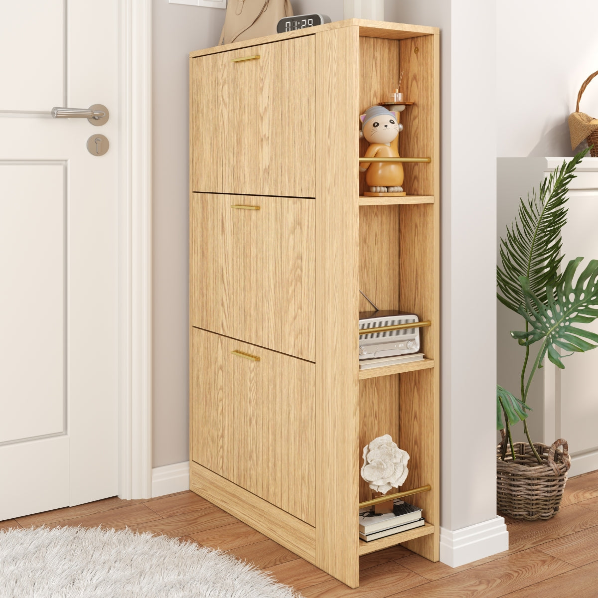 Moderner Schuhschrank aus Holz - 3 Türen, Großes Fassungsvermögen & Offene Regalfächer - Stilvoller Schuhkipper für Eingangsbereich & Foyer