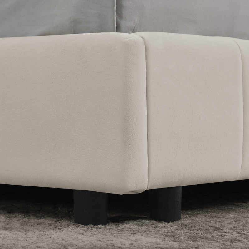 Doppelbett 160x200, weiches hautfreundliches Samt, L-förmiges Eck Bettgestell, robuste Eukalyptus- und Eisenlatten, Beige (ohne Matratze)