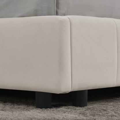 Doppelbett 160x200, weiches hautfreundliches Samt, L-förmiges Eck Bettgestell, robuste Eukalyptus- und Eisenlatten, Beige (ohne Matratze)