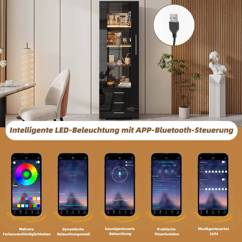 Schwarz Hochglanz Vitrine, Vitrine Glasvitrine , Standvitrine mit LED-Beleuchtung, Vertikale Vitrine mit 3 Schubladen, 60*35*180cm