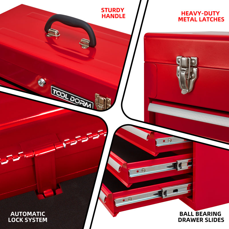 20.3inch Metal Tool Box with Drawers Portable Steel Metal Tool Box with Protective Liner and Metal Latch Closure and Lock for Garage, Home and Warehouse (Red-4 Drawers)