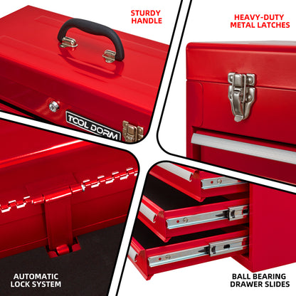 20.3inch Metal Tool Box with Drawers Portable Steel Metal Tool Box with Protective Liner and Metal Latch Closure and Lock for Garage, Home and Warehouse (Red-4 Drawers)