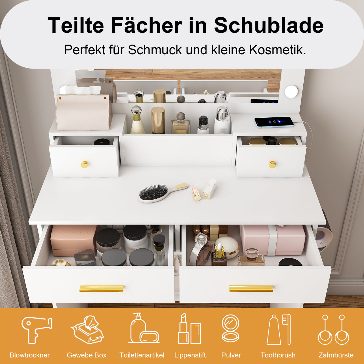 Schminktisch XXL Spiegel (75x48 cm) LED, Steckdose, 4 Schubladen, inkl. Hocker