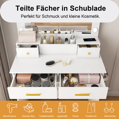 Schminktisch XXL Spiegel (75x48 cm) LED, Steckdose, 4 Schubladen, inkl. Hocker