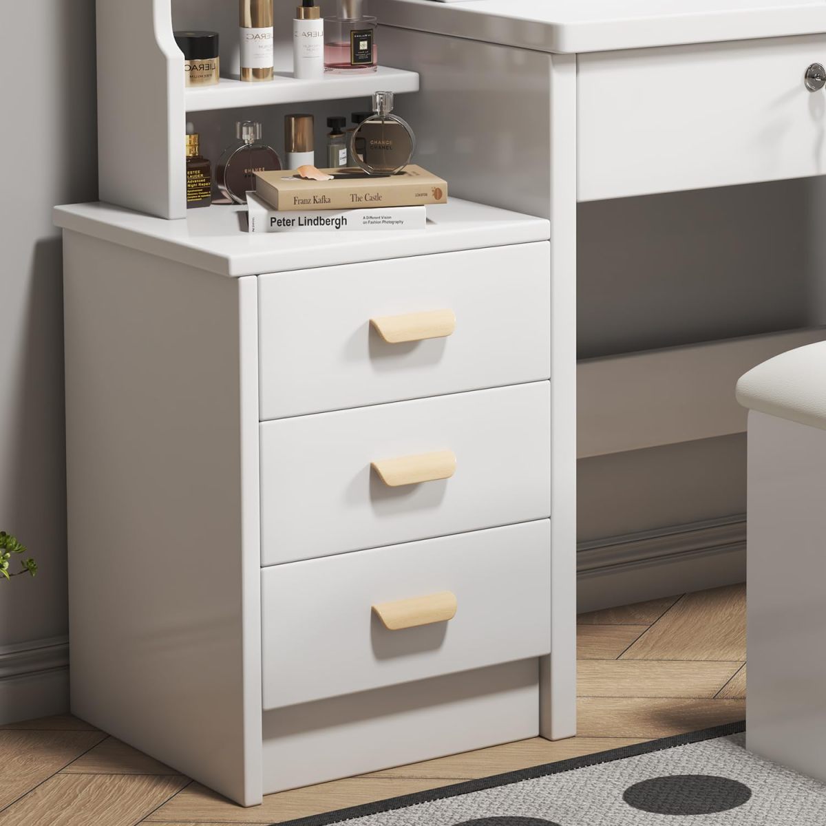 Luxus Schminktisch LED, 3 Lichtfarben, 4 Schubladen, inkl. Hocker, Weiß