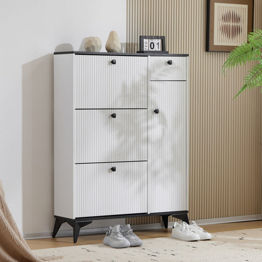 Schuhschrank mit 3 Klappen, 1 Schublade und 1 Tür, Schuhregal, Schuhkipper schmal, Schuhschrank weiß