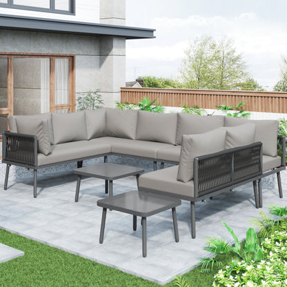 Eisen Garten Loungesessel Set, U-förmiges Gartenmöbel Set, balkon möbel, Wetterfestes Outdoor Ecksofa, terassenmöbel außen, für 8 Personen, mit 2 Tischen und 4 Zweisitzer-Sofas, Kissen inklusive, vers