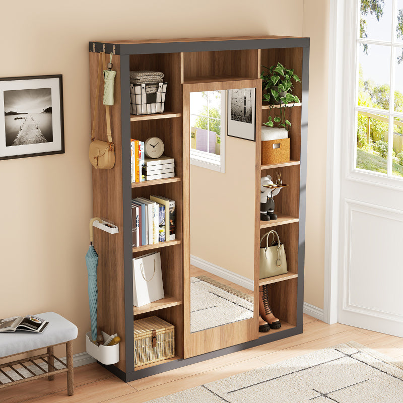 Garderobengestell mit Spiegel, Multifunktions Garderobe und Vitrine, Bücherregal Kombination mit Abtropfschale, Haken und Kleiderbügeln