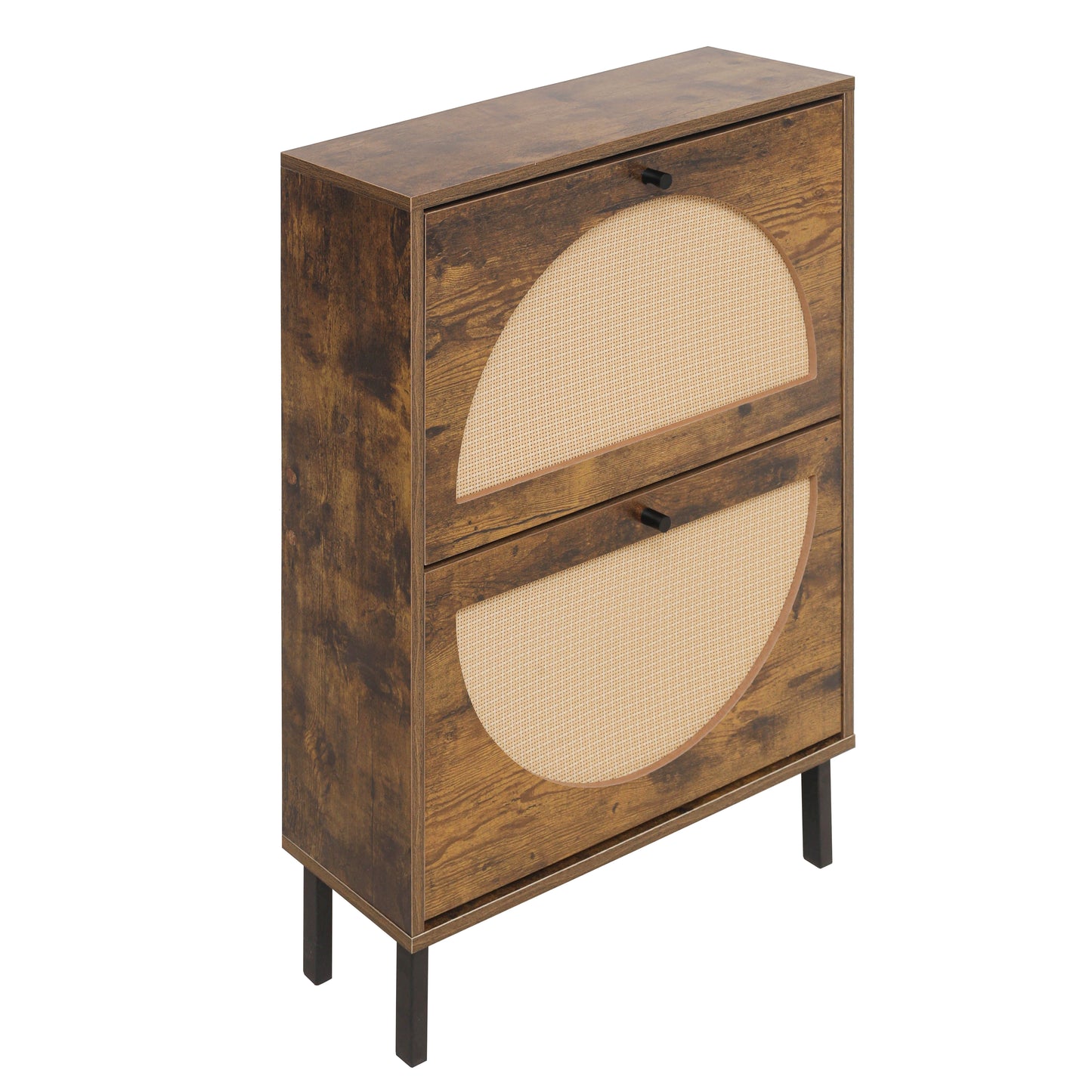 Schuhschrank mit zwei Türen, austauschbaren halbrunden Türfronten und Rattan-Oberfläche, geeignet für den Eingangsbereich und andere Szenen, Vintage-Braun