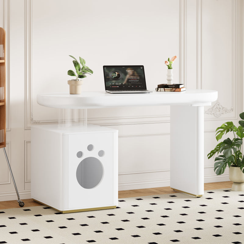 Schreibtisch mit Haustierbett, komplett lackiert, abgerundete Kurven, 5 cm dicke Beine, stabil und modern, Haustiergrößen M–XL