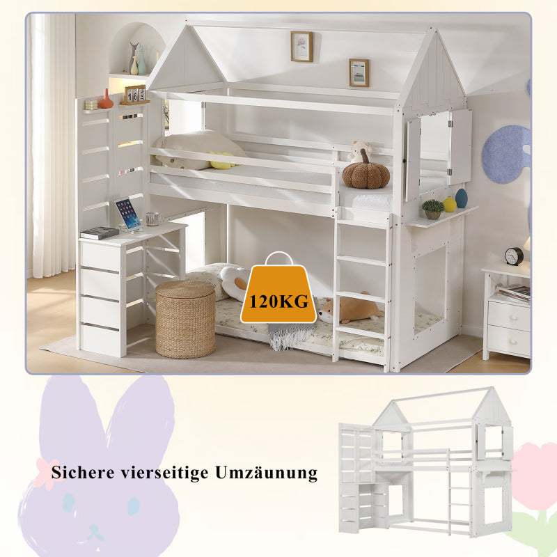 Etagenbett, Hausbett, Kinderbett mit Fallschutz und Gitter, mit Tisch, Offenes Regal, zwei Fenster, Reichlich Stauraum, Kiefer+MDF, Weiß, 90x200cm
