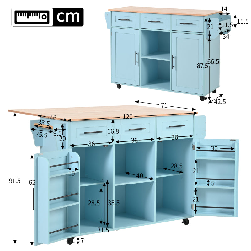 139x46(71)x91,5 cm großer Esswagen/Anrichte, Korpus Blau + Arbeitsplatte in Massivholzmaserung, klappbare Arbeitsplatte, Ablagetür, Rollen, auswechselbare Massivholzfüße, geeignet für Esszimmer, Küche