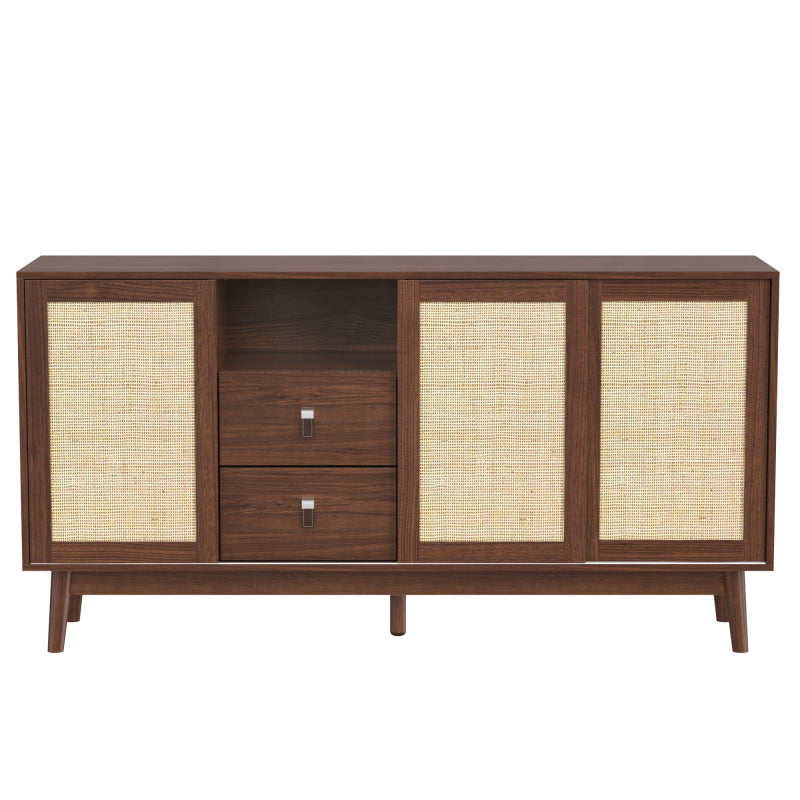 Sideboard mit 3 Schiebetüren aus echtem Rattan und 2 Schubladen, 155x38x80 cm, atmungsaktiv, stabil und vielseitig