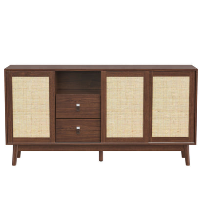 Sideboard mit 3 Schiebetüren aus echtem Rattan und 2 Schubladen, 155x38x80 cm, atmungsaktiv, stabil und vielseitig
