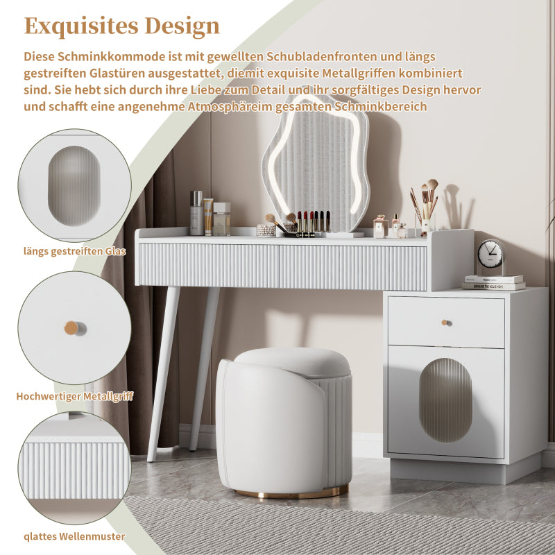 Schminktisch mit LED-Spiegel und Beleuchtung - Weißes Schminktisch-Set für Schlafzimmer mit drei geräumigen Schubladen und einer Tür (ohne Hocker)