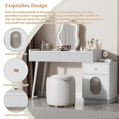 Schminktisch mit LED-Spiegel und Beleuchtung - Weißes Schminktisch-Set für Schlafzimmer mit drei geräumigen Schubladen und einer Tür (ohne Hocker)