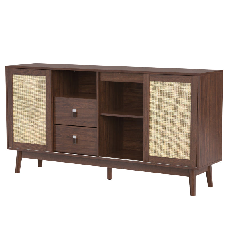 Sideboard mit 3 Schiebetüren aus echtem Rattan und 2 Schubladen, 155x38x80 cm, atmungsaktiv, stabil und vielseitig