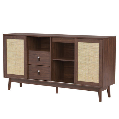 Sideboard mit 3 Schiebetüren aus echtem Rattan und 2 Schubladen, 155x38x80 cm, atmungsaktiv, stabil und vielseitig