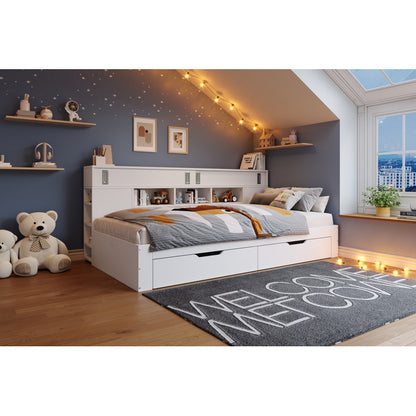 Daybed,Kinderbett,90*200cm,Einzelbett,Multifunktionales Kinderbett mit Schubladen,Bücherregal und Stauschrank,Bettkasten mit Stauraum,ohne Matratze,weiß