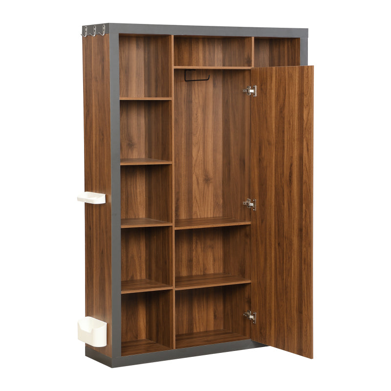 Garderobengestell mit Spiegel, Multifunktions Garderobe und Vitrine, Bücherregal Kombination mit Abtropfschale, Haken und Kleiderbügeln