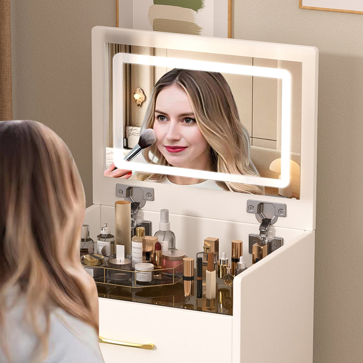 3-in-1-Schminktisch mit Klappspiegel, Glastischplatte, 3 Schubladen, Weiß