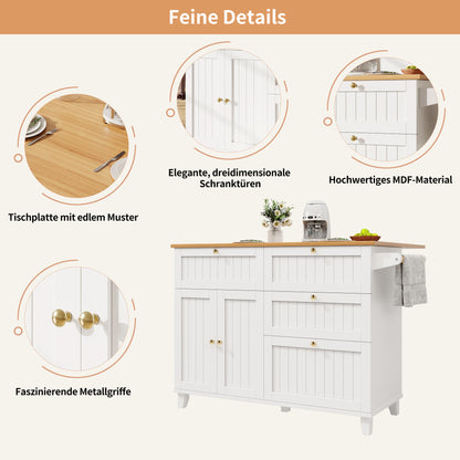 Moderne Kücheninsel, Küchenschrank, buffetschrank, Speisewagen mit Holzmaserung, buffetschrank, Multifunktionale Esstisch mit Speicherraum, Speisewagen mit Stretchfunktionsschränken, weiß