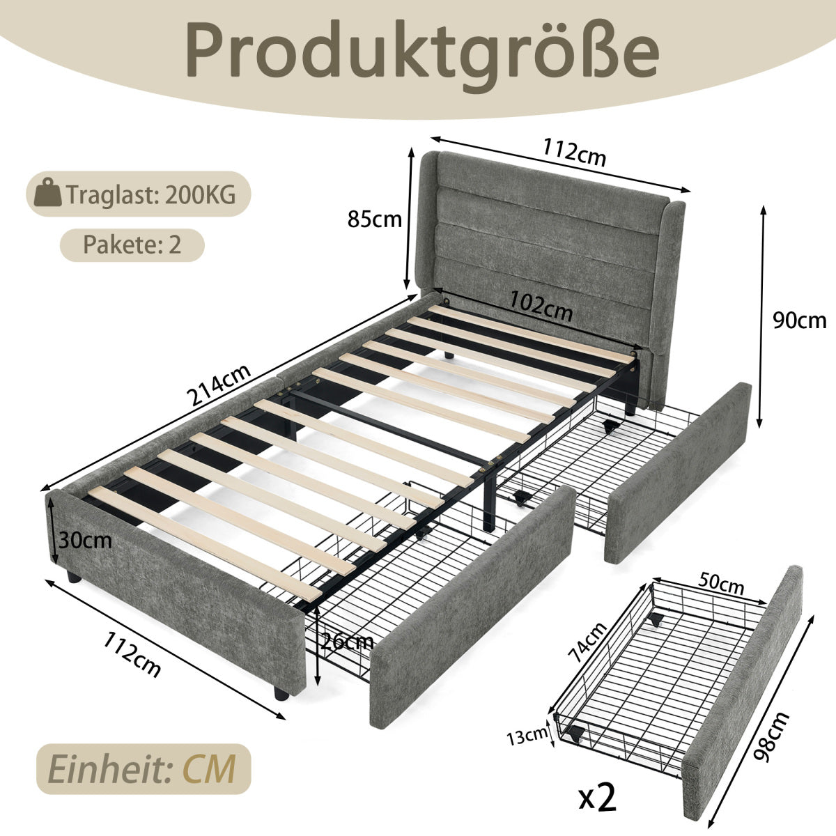 Einzelbett 90×200 cm mit Chenille-Oberfläche & 2 Schubladen, stabiles Bettgestell aus Holz/Metall, ideal für Kinder-, Jugend- & Gästezimmer, Gray (ohne Matratze)